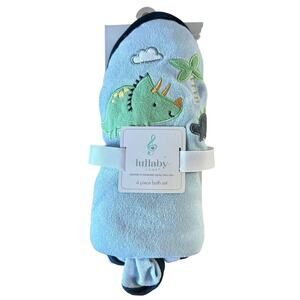 Set of 4 Lullaby Lane Dinosaur Bath Set 28"x28" Hooded Towel & 3 8"x8" Washcloth